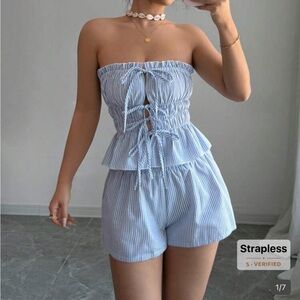 Blue and White Striped Strapless Top & Shorts SET